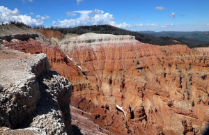 View of the North side of Cedar Break from the Visitor Center. We hiked to the far right edge of the white stone just right of center in the photo