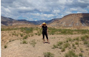 Joan at a rest area in Utah. Very windy at the top of the hill.