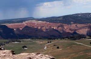 View of Cedar Break from Brian Head Peak. Cedar Break is at about 10,350 ft. and Brian Head Peak about a thousand feet higher