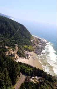 View of Oregon Coastline with Route 101 Etched into Hill
