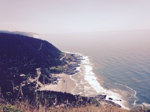 View of southern OR coastline, with highway 101 etched into hills