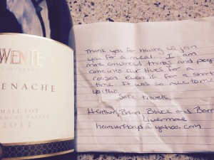 Thank you note, accompanying bottle of wine gift...  Sharing time, dinner and conversation with Heather and Bartlett at Lake Del Valle