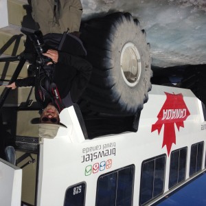 Steve boarding the bus from trip to glacier provides context for size of bus